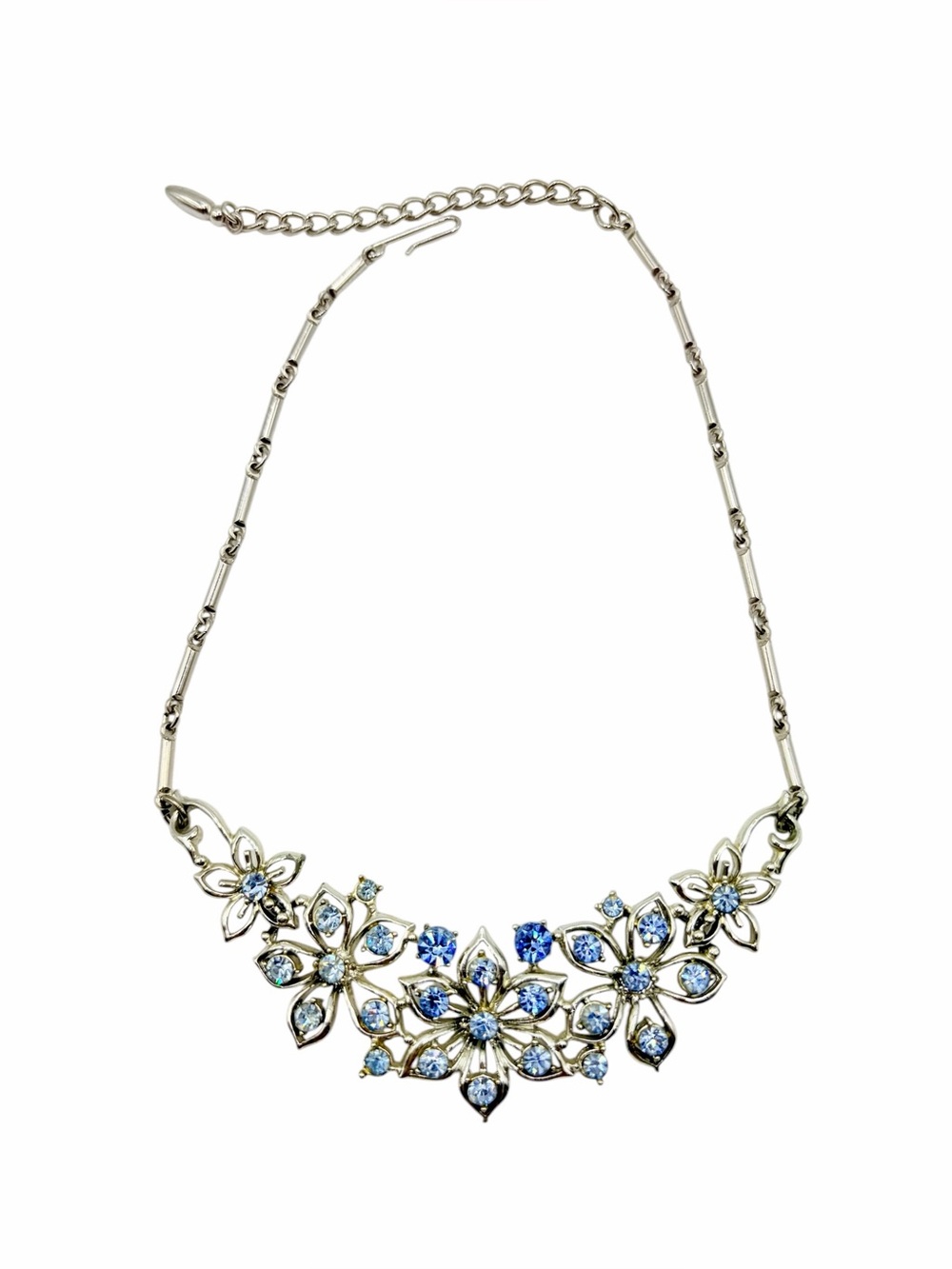 Vintage 1950s Designer Blue Rhinestone Floral Necklace